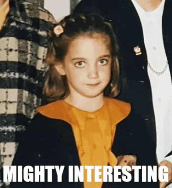 a little girl with a flower in her hair and the words mighty interesting written below her