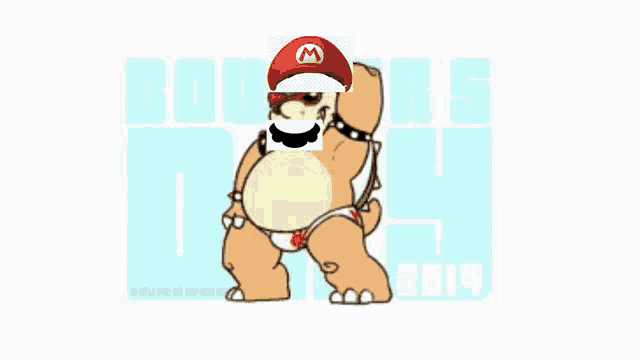 a cartoon of bowser 's day 2014 with a cartoon character wearing a mario hat