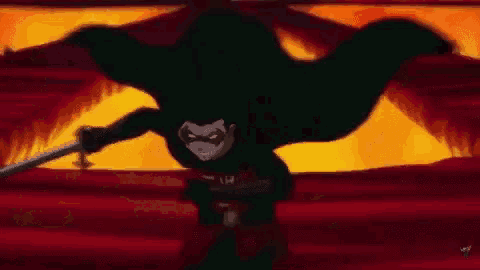 a cartoon of robin holding a sword in front of a fire background .