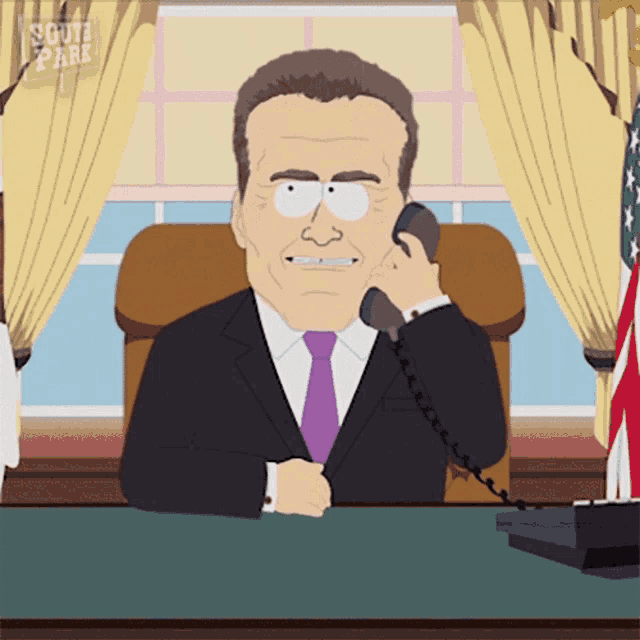 a cartoon of a man in a suit and tie talking on a phone with a south park logo behind him