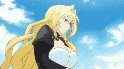 a cartoon girl with long blonde hair is wearing a black and white dress and standing in front of a blue sky .