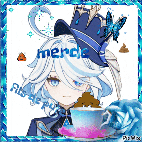a picture of a girl with the word merde written in blue