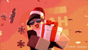 a person wearing a santa hat is holding a gift