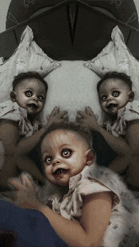 two creepy babies are laying on a bed with a clock behind them