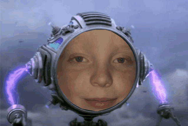a child 's face is reflected in a futuristic helmet with purple wires coming out of it