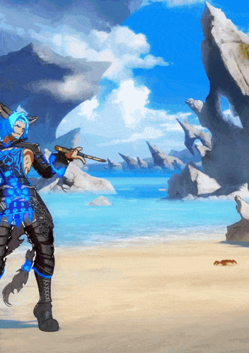 a video game character with blue hair is holding a gun on a beach