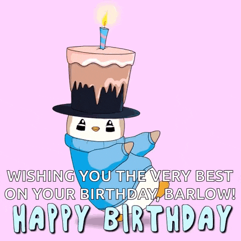 a birthday card with a penguin wearing a top hat and holding a cake with a candle on it