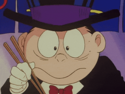 a cartoon character wearing a top hat and bow tie holds chopsticks