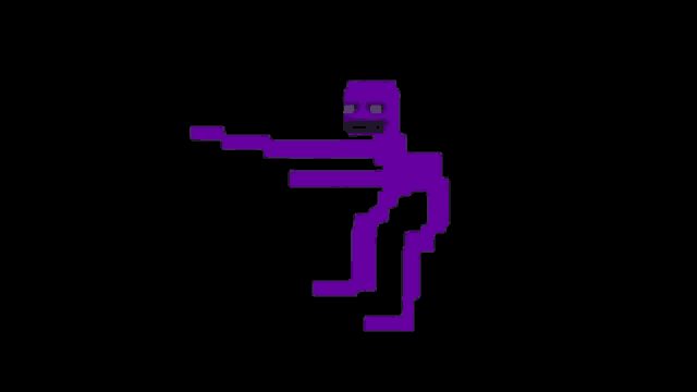 a pixel art of a purple wither holding a gun in a dark room .