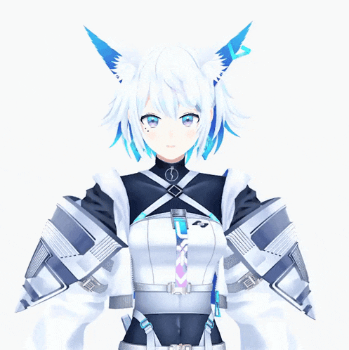 a girl with white hair and blue eyes is wearing a black and white outfit with the letter l on it
