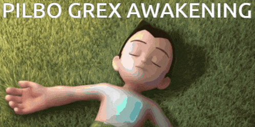 a cartoon character is laying on the grass with the words pilbo grex awakening behind him