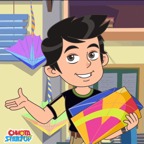 a cartoon of a boy holding a kite with chhota startup written on the bottom right
