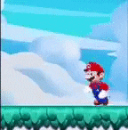 a video game character named mario is standing on a green ledge .