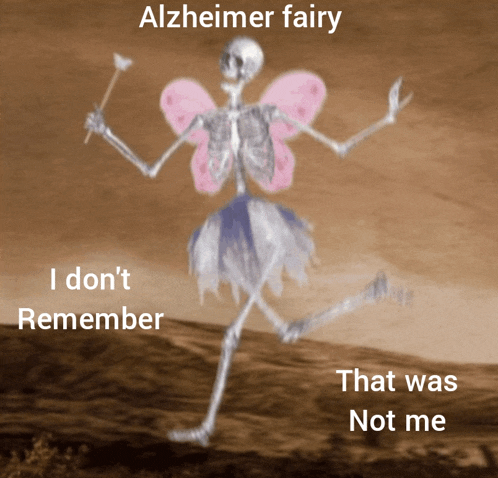 a picture of a skeleton dressed as an alzheimer fairy holding a wand