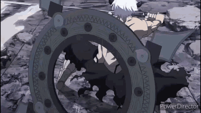 a man is holding a sword in front of a circle that says power director on the bottom