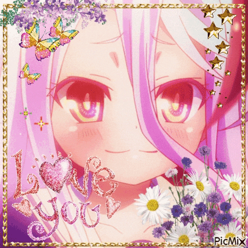 a picture of a girl with purple hair and the words i love you on it