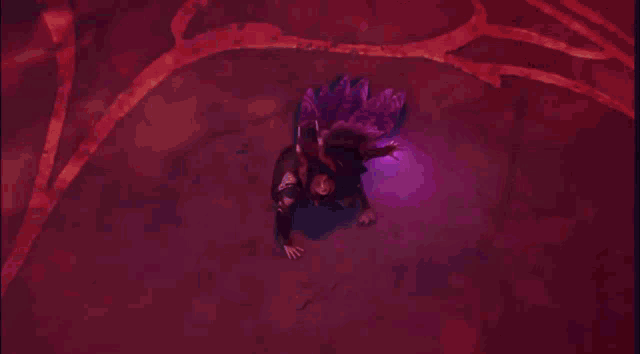 a person in a red dress is flying through a purple light