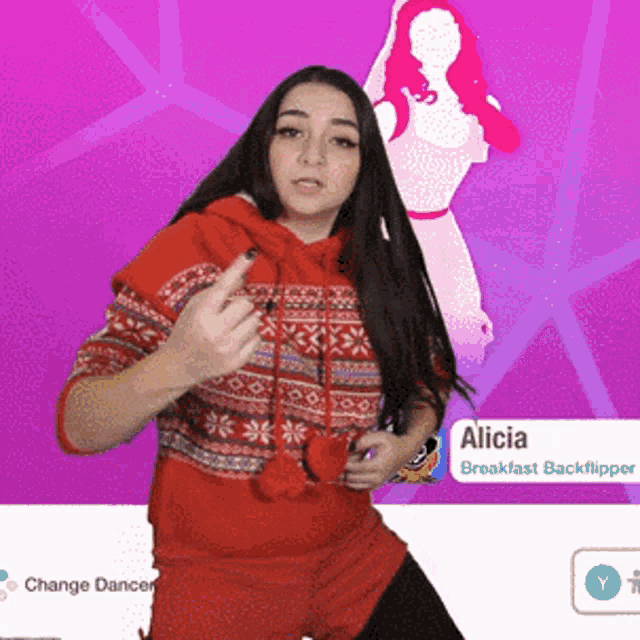 a woman in a red sweater stands in front of a pink background with the name alicia on it
