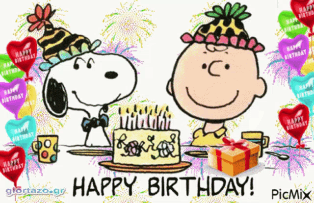 a cartoon of snoopy and charlie brown celebrating a birthday