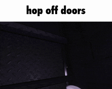 a picture of a cartoon character with the words hop off doors below it