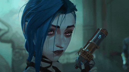 a woman with blue hair is holding a gun that says ' a ' on it