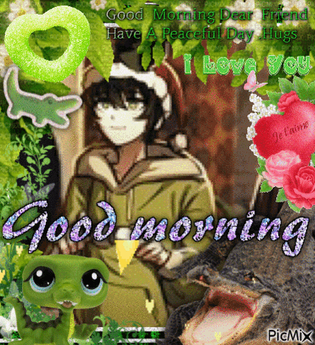 a picture of a boy and a frog with the words good morning dear friend have a peaceful day hugs i love you