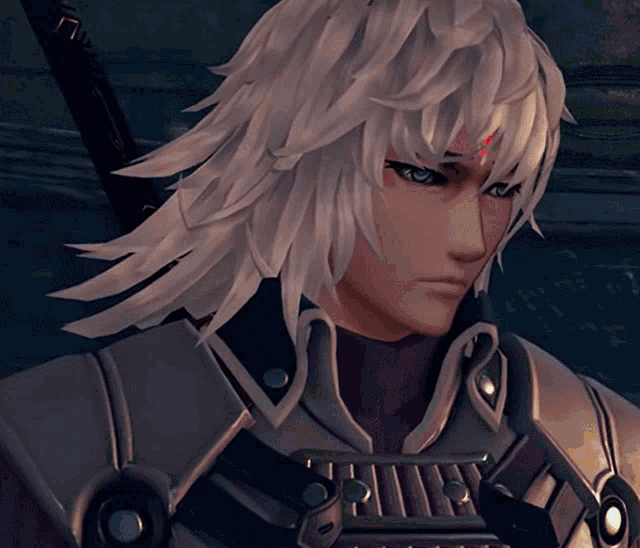 a close up of a video game character with a sword on his head