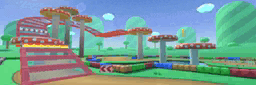 a cartoon landscape with a roller coaster and mushrooms in the background