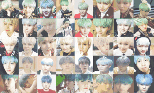 a collage of images of a young boy with green hair