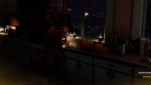 a computer screen shows a person standing in front of a window with candles