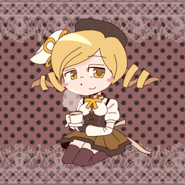 a cartoon drawing of a girl holding a cup