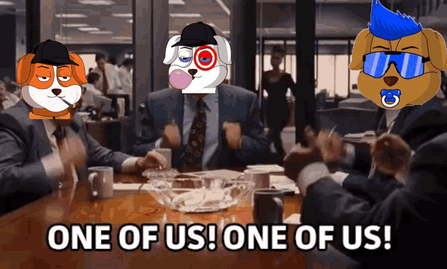 a group of people are sitting around a table and one of them says one of us