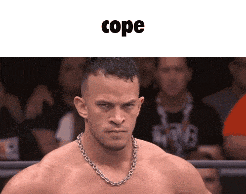 a shirtless man with a chain around his neck looks at the camera with the word cope below him