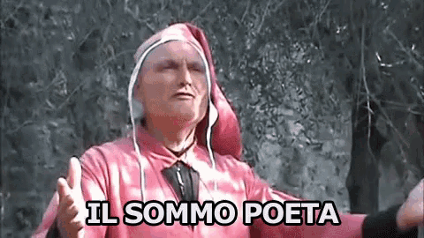 a man in a red robe and hat is standing in front of trees and says il sommo poeta .