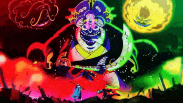 a colorful cartoon of a man holding a sword in front of a giant monster .
