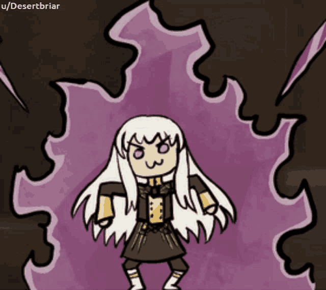 a cartoon drawing of a girl with white hair and a purple background