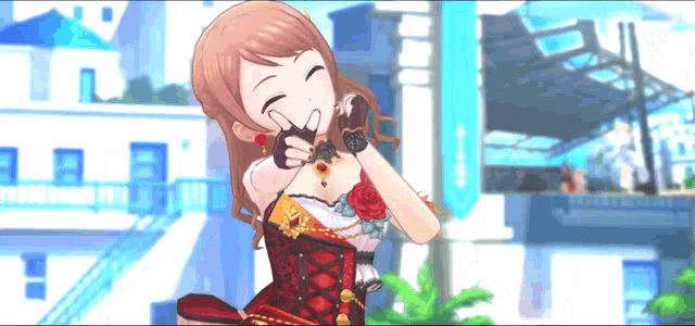 a girl in a red dress is making a funny face in front of a building