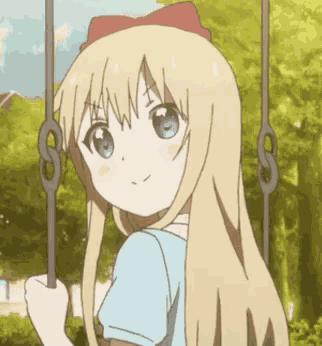 a blonde anime girl is sitting on a swing in a park