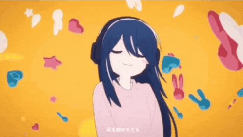 a cartoon girl with blue hair is standing in front of a yellow background with hearts and rabbits flying around her .