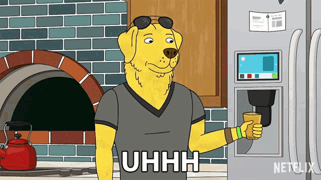 a yellow dog is holding a cup of coffee and says uhhhh