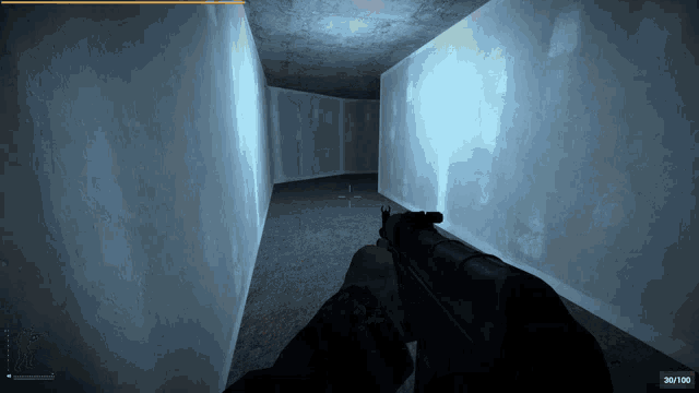 a person holding a gun in a hallway with the number 36/100 on the bottom of the screen