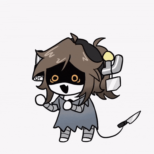 a cartoon drawing of a girl with headphones and a knife with the letter m on it