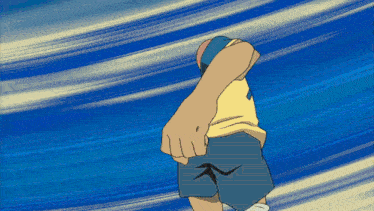 a cartoon of a man with a fist in the air in front of a blue background