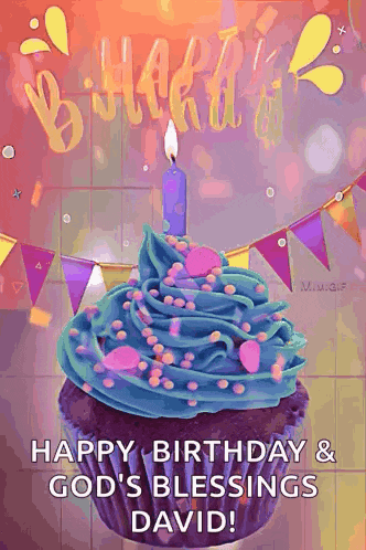 a birthday cupcake with blue frosting and a candle on top .
