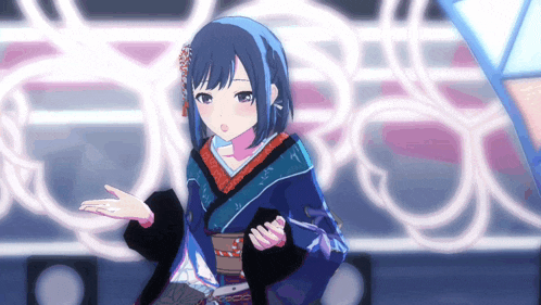 a girl with blue hair and a kimono is standing in front of a wall with circles on it .