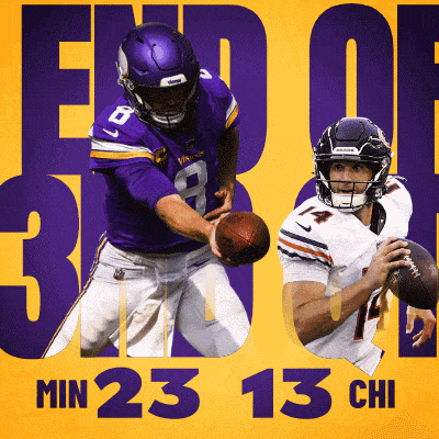 two football players on a yellow background with the words end of min 23 13 chi below them