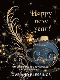 a happy new year greeting card with a feather and a christmas ornament on a black background .