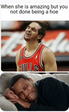 a picture of a man in a bulls jersey and a picture of a man crying on a couch
