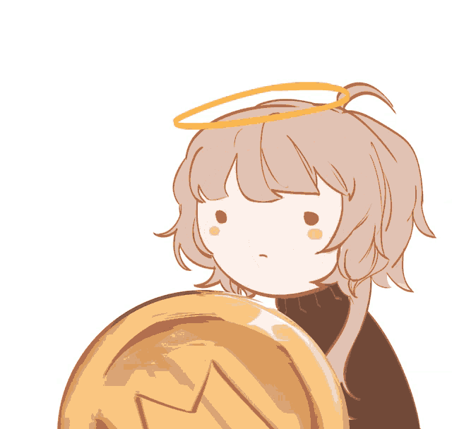 a drawing of a girl with a halo on her head holding a gold coin
