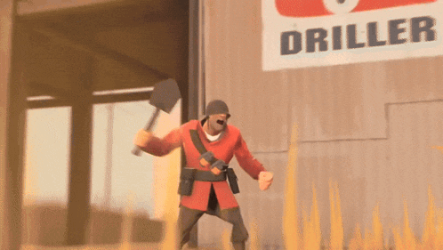 a man in a red uniform is holding an axe in front of a driller sign